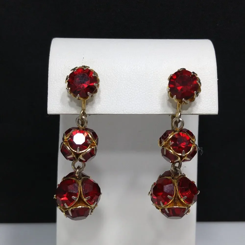 Vintage Red Rhinestone Long Clip Earrings, Rhinestone Beads, 1960s